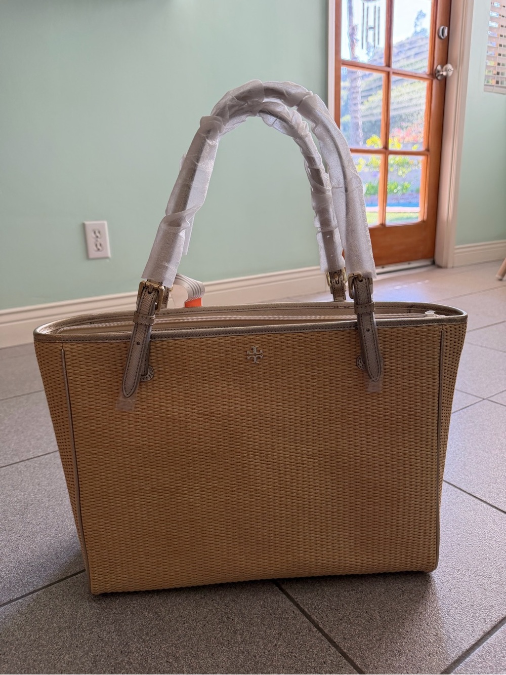 Tory Burch Woven Straw Tote with Cream Trim - Picture 7 of 7